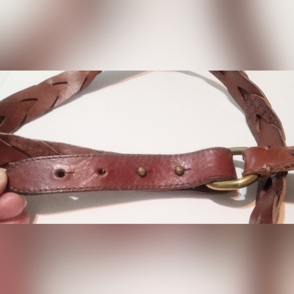 Fossil Belt Brown Leather Woven Braid Womens Sz L Brass Ring Bend Back Closure - Picture 3 of 9